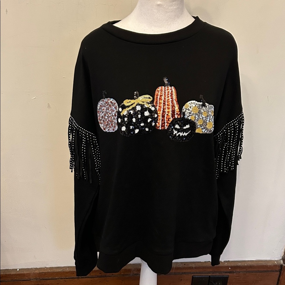 Primrose Collective Black Sweatshiwith Pumpkin Design and Fringe Sleeves Size S
